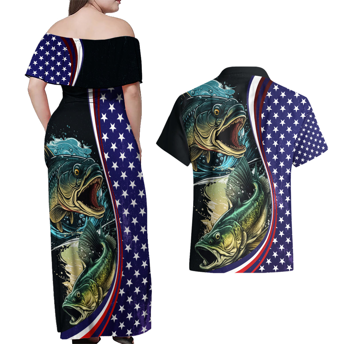 Bass Fishing Couples Matching Off Shoulder Maxi Dress and Hawaiian Shirt Double Largemouth Bass Old Style - Wonder Print Shop