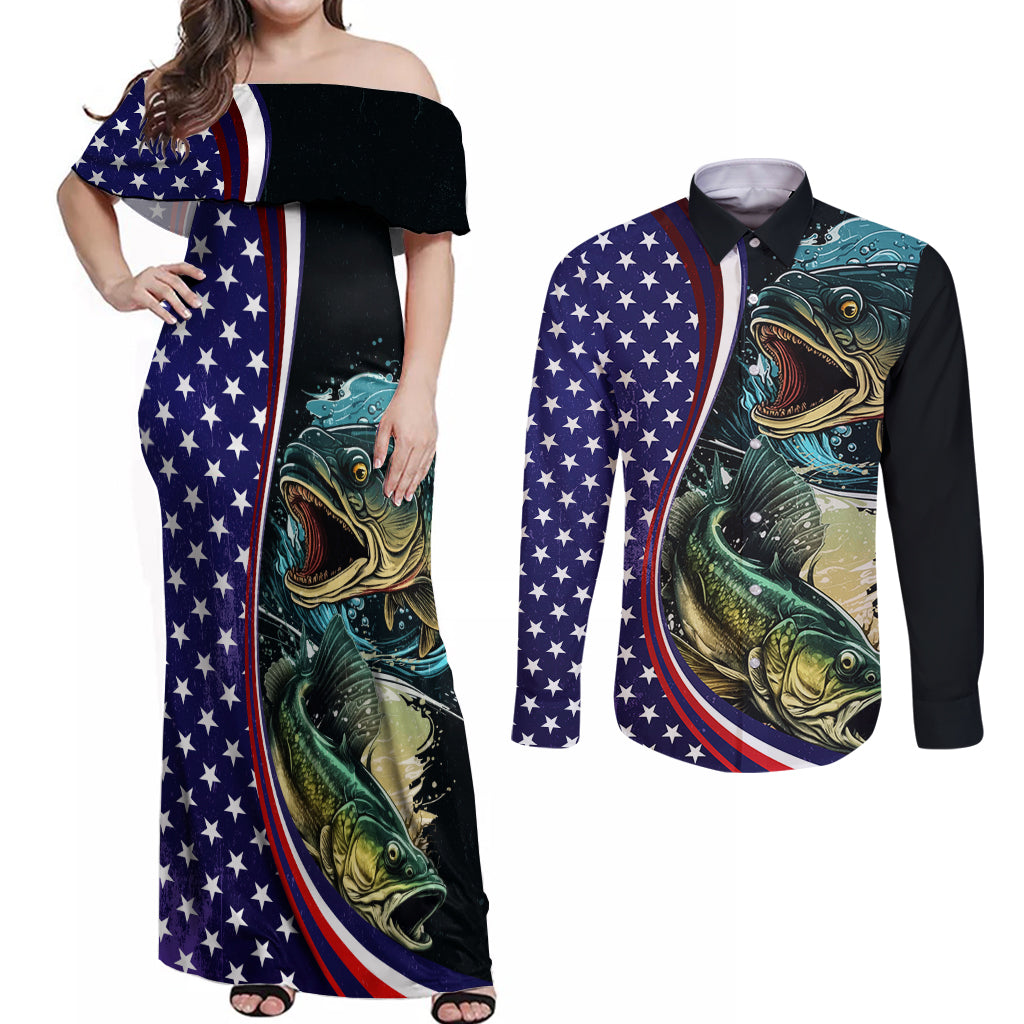 Bass Fishing Couples Matching Off Shoulder Maxi Dress and Long Sleeve Button Shirt Double Largemouth Bass Old Style - Wonder Print Shop