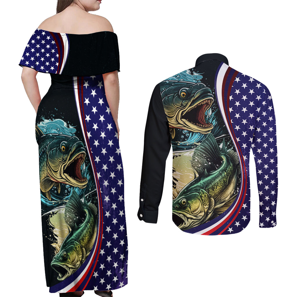 Bass Fishing Couples Matching Off Shoulder Maxi Dress and Long Sleeve Button Shirt Double Largemouth Bass Old Style - Wonder Print Shop