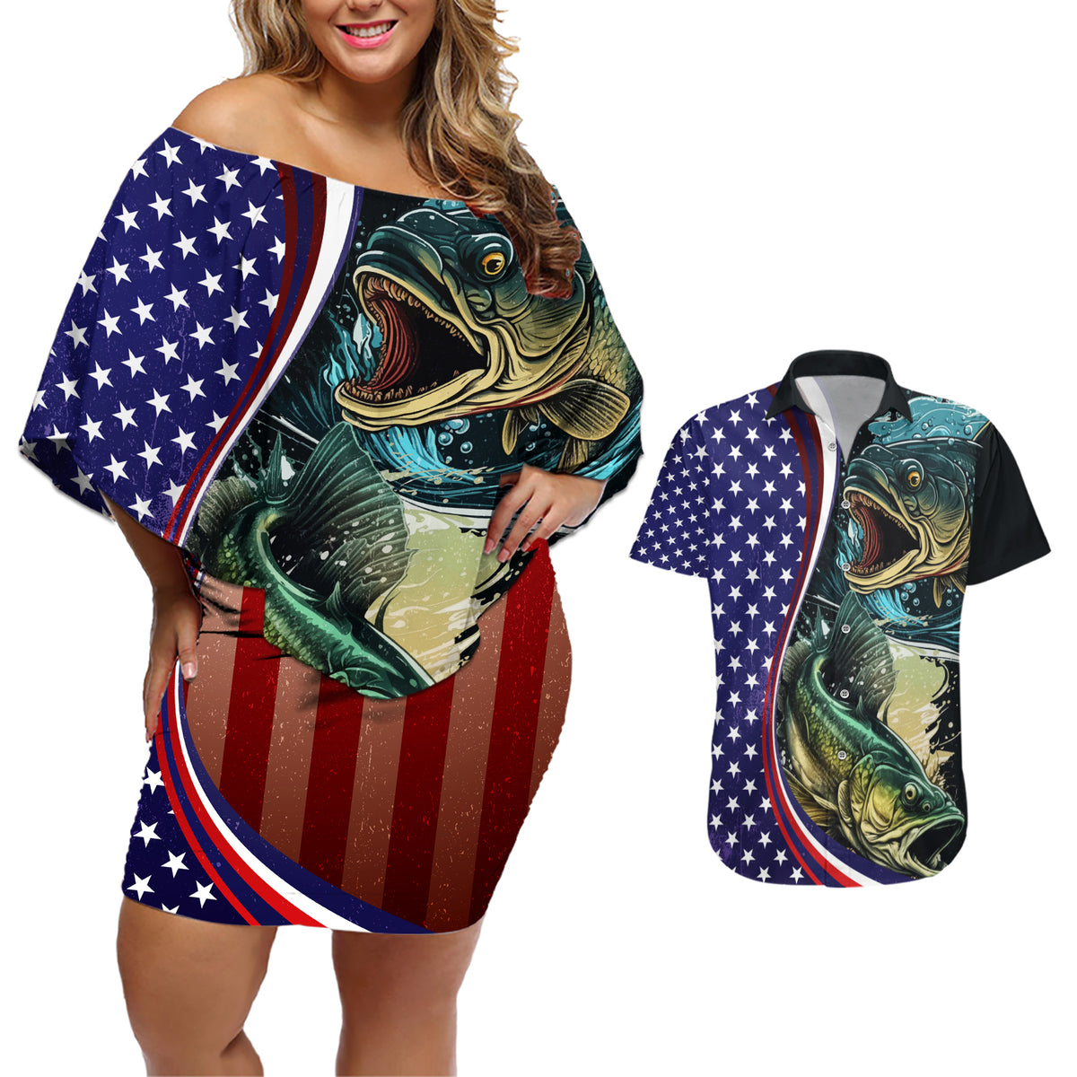 Bass Fishing Couples Matching Off Shoulder Short Dress and Hawaiian Shirt Double Largemouth Bass Old Style - Wonder Print Shop