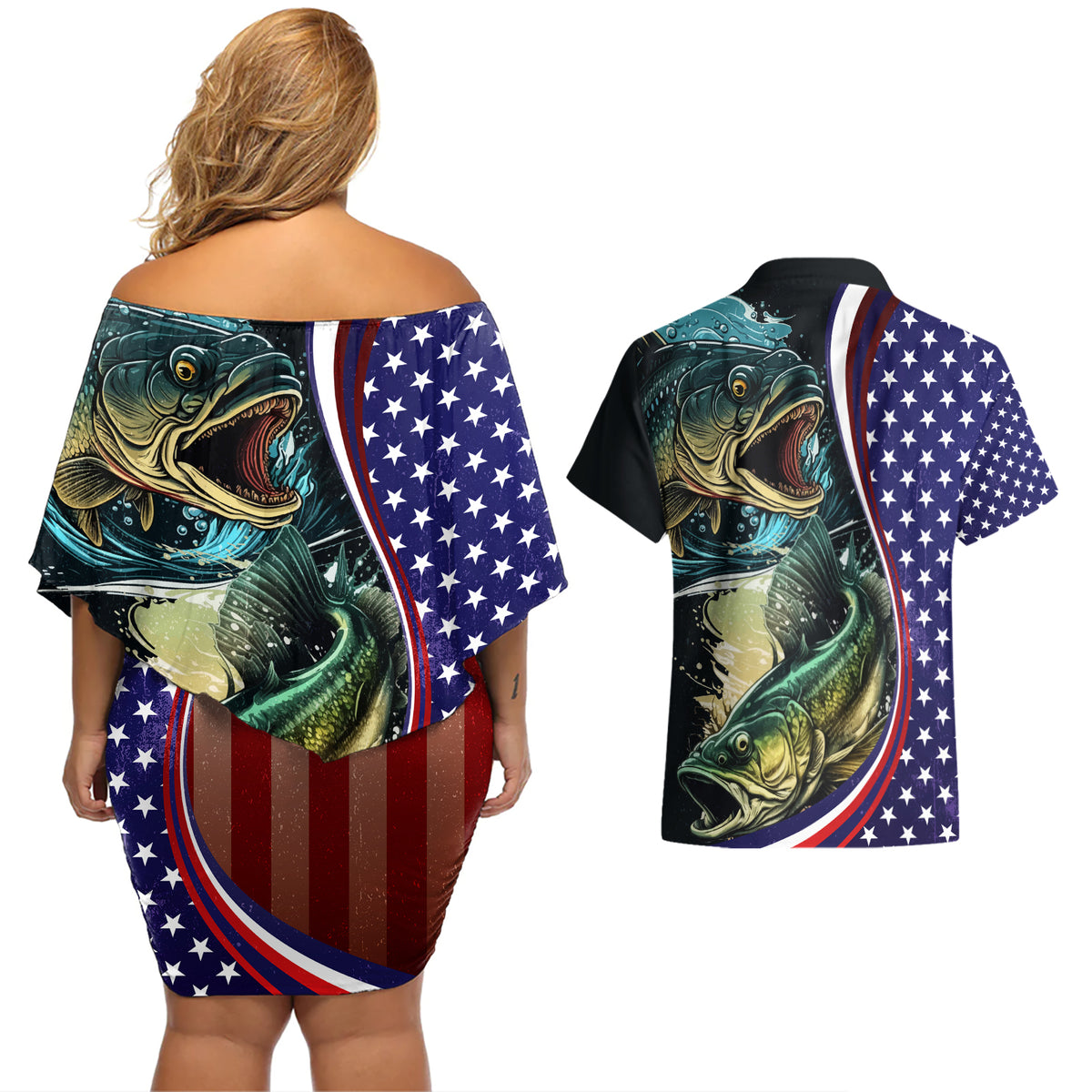 Bass Fishing Couples Matching Off Shoulder Short Dress and Hawaiian Shirt Double Largemouth Bass Old Style - Wonder Print Shop