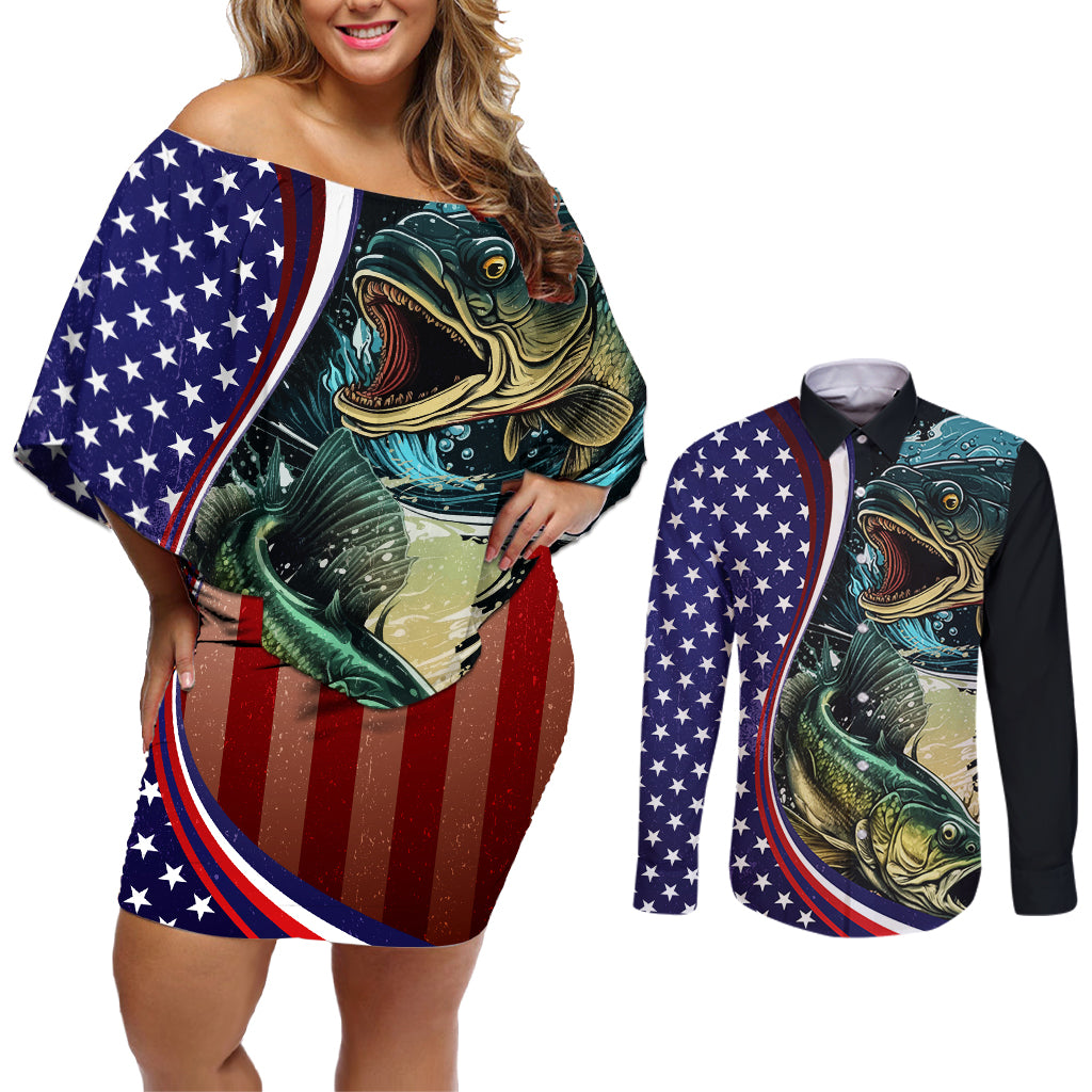 Bass Fishing Couples Matching Off Shoulder Short Dress and Long Sleeve Button Shirt Double Largemouth Bass Old Style - Wonder Print Shop