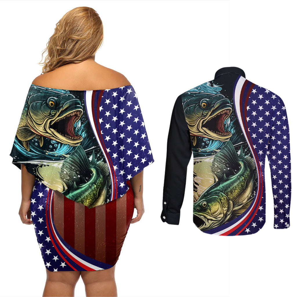 Bass Fishing Couples Matching Off Shoulder Short Dress and Long Sleeve Button Shirt Double Largemouth Bass Old Style - Wonder Print Shop