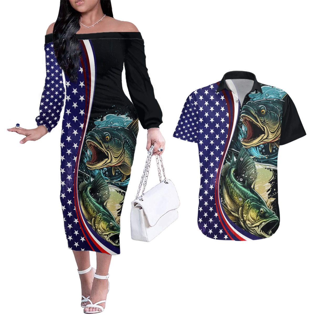 Bass Fishing Couples Matching Off The Shoulder Long Sleeve Dress and Hawaiian Shirt Double Largemouth Bass Old Style - Wonder Print Shop