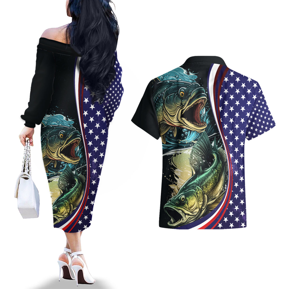 Bass Fishing Couples Matching Off The Shoulder Long Sleeve Dress and Hawaiian Shirt Double Largemouth Bass Old Style - Wonder Print Shop