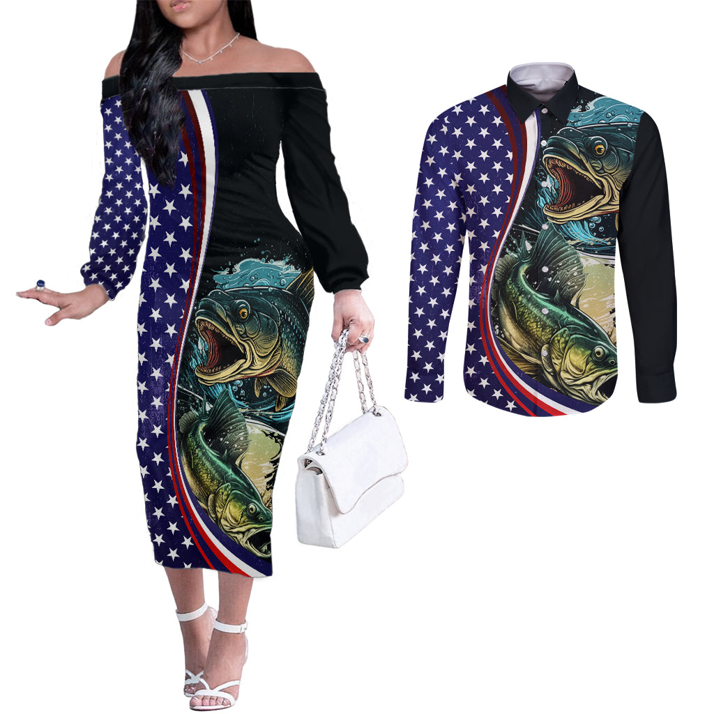 Bass Fishing Couples Matching Off The Shoulder Long Sleeve Dress and Long Sleeve Button Shirt Double Largemouth Bass Old Style
