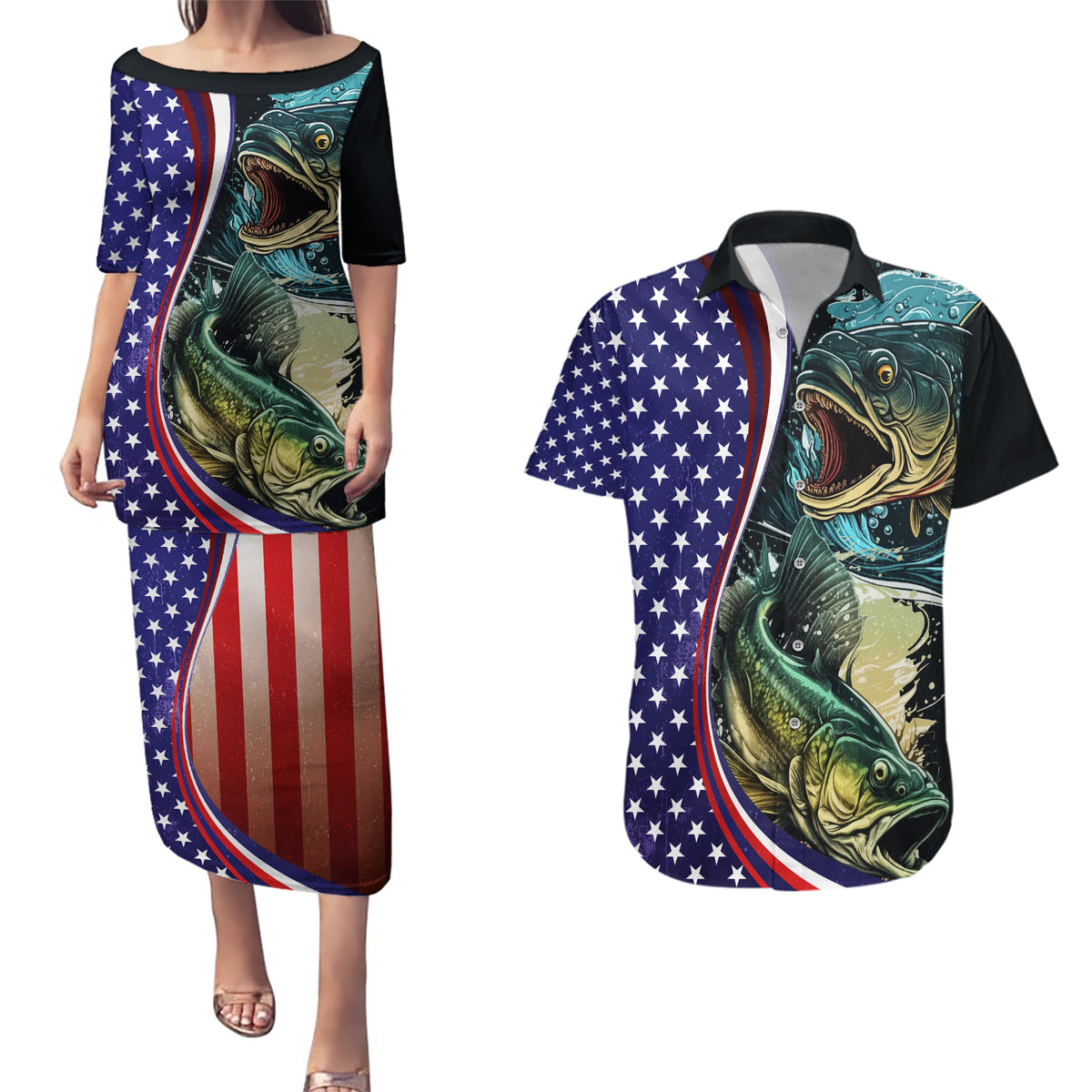 Bass Fishing Couples Matching Puletasi and Hawaiian Shirt Double Largemouth Bass Old Style - Wonder Print Shop