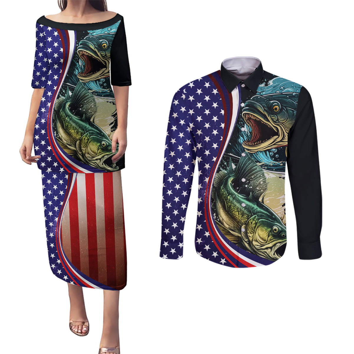 Bass Fishing Couples Matching Puletasi and Long Sleeve Button Shirt Double Largemouth Bass Old Style - Wonder Print Shop