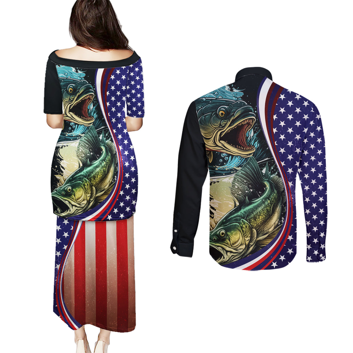 Bass Fishing Couples Matching Puletasi and Long Sleeve Button Shirt Double Largemouth Bass Old Style - Wonder Print Shop