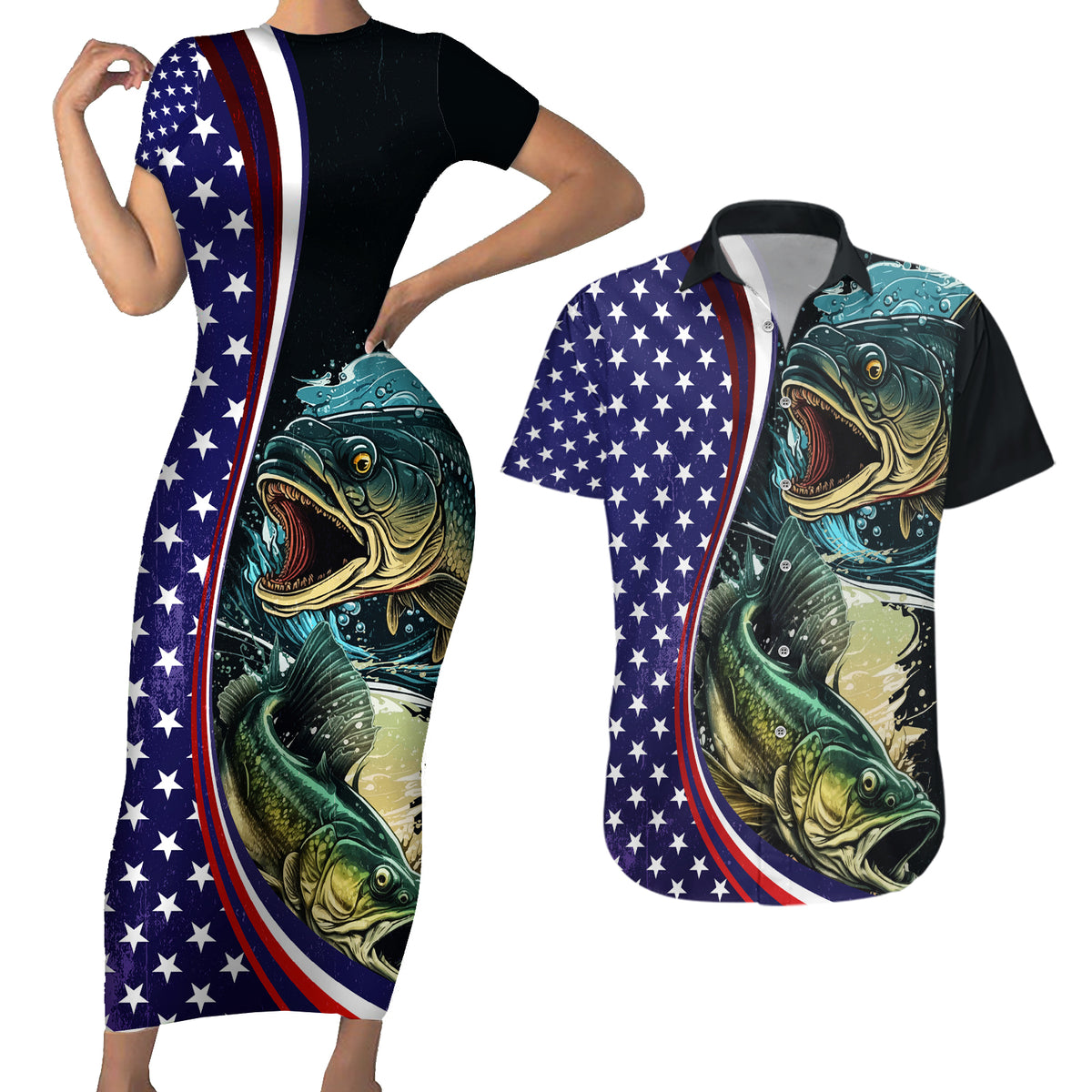 Bass Fishing Couples Matching Short Sleeve Bodycon Dress and Hawaiian Shirt Double Largemouth Bass Old Style - Wonder Print Shop