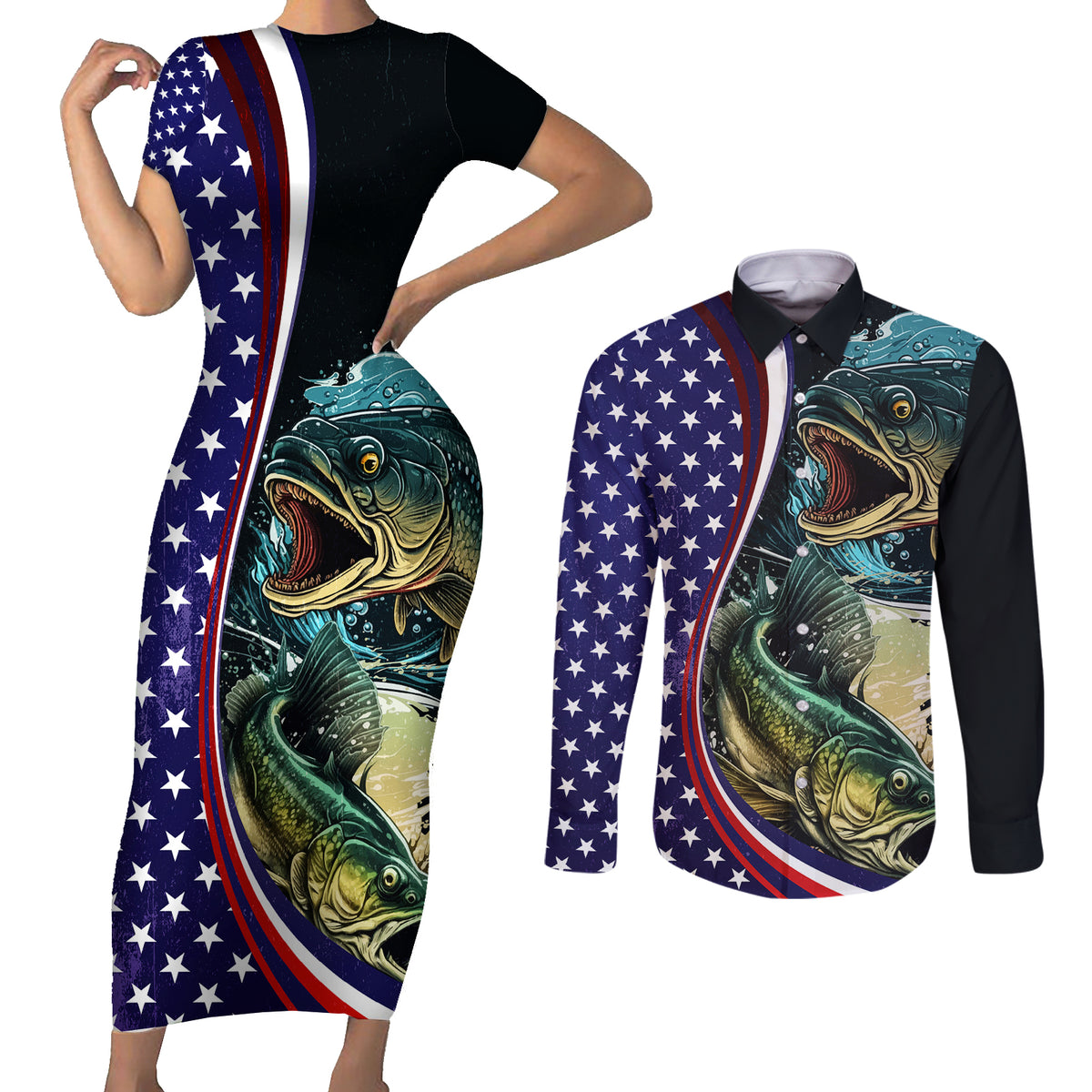 Bass Fishing Couples Matching Short Sleeve Bodycon Dress and Long Sleeve Button Shirt Double Largemouth Bass Old Style - Wonder Print Shop