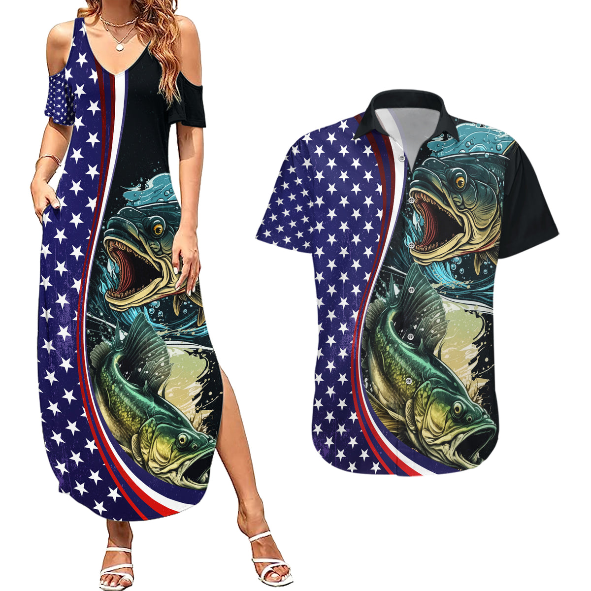 Bass Fishing Couples Matching Summer Maxi Dress and Hawaiian Shirt Double Largemouth Bass Old Style - Wonder Print Shop