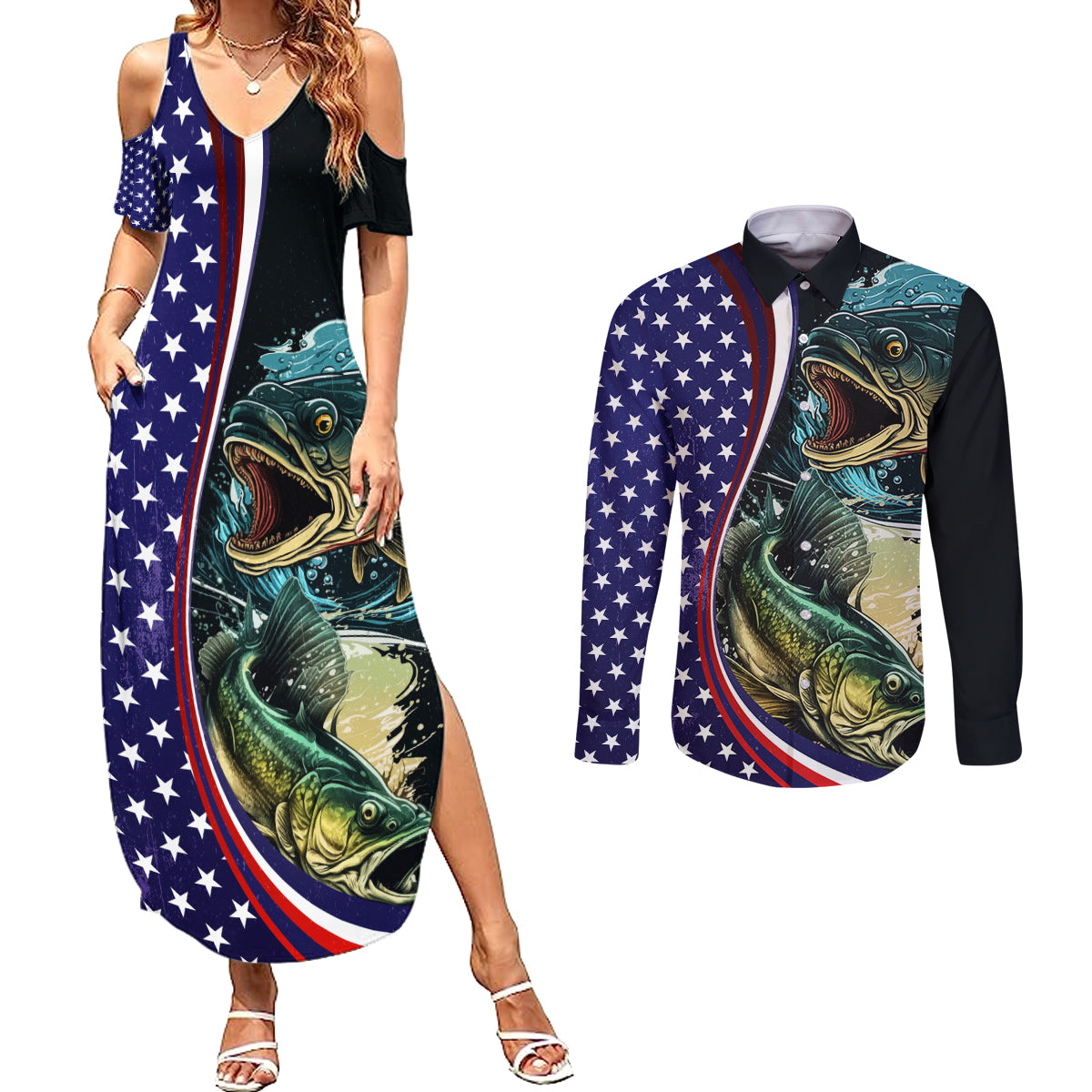 Bass Fishing Couples Matching Summer Maxi Dress and Long Sleeve Button Shirt Double Largemouth Bass Old Style - Wonder Print Shop