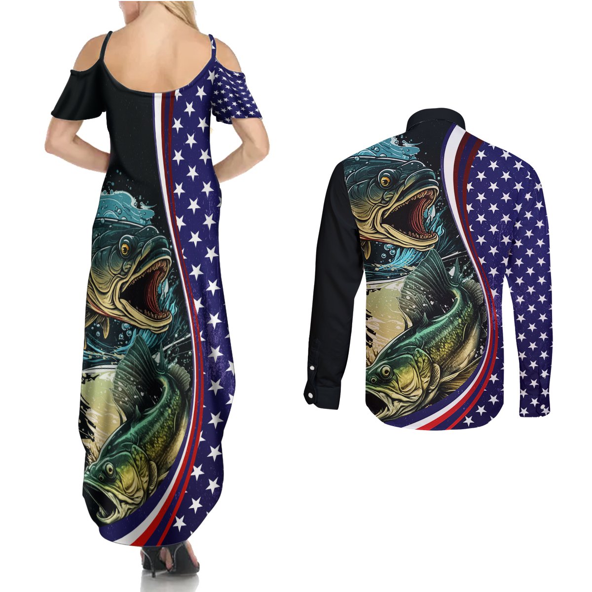 Bass Fishing Couples Matching Summer Maxi Dress and Long Sleeve Button Shirt Double Largemouth Bass Old Style - Wonder Print Shop