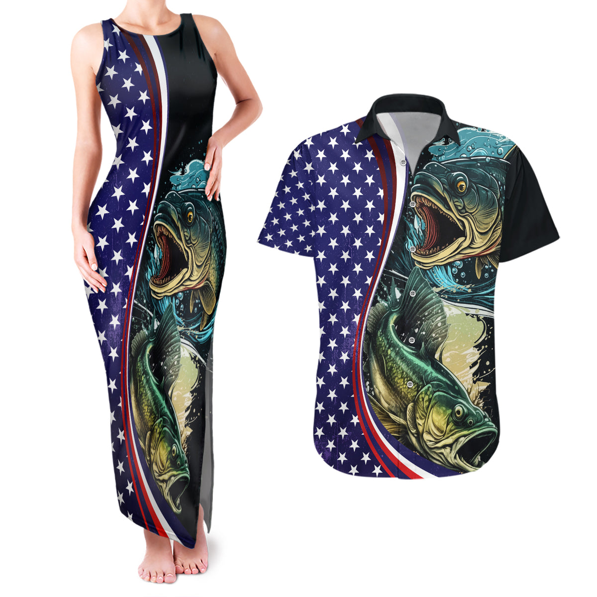 Bass Fishing Couples Matching Tank Maxi Dress and Hawaiian Shirt Double Largemouth Bass Old Style - Wonder Print Shop