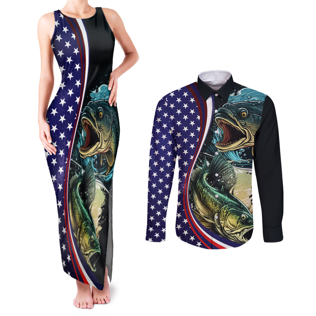 Bass Fishing Couples Matching Tank Maxi Dress and Long Sleeve Button Shirt Double Largemouth Bass Old Style - Wonder Print Shop