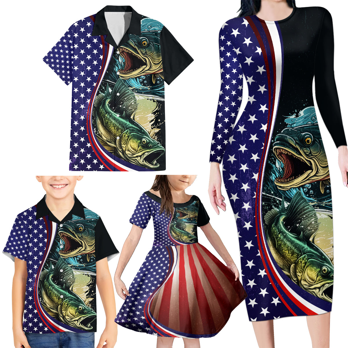 Bass Fishing Family Matching Long Sleeve Bodycon Dress and Hawaiian Shirt Double Largemouth Bass Old Style - Wonder Print Shop