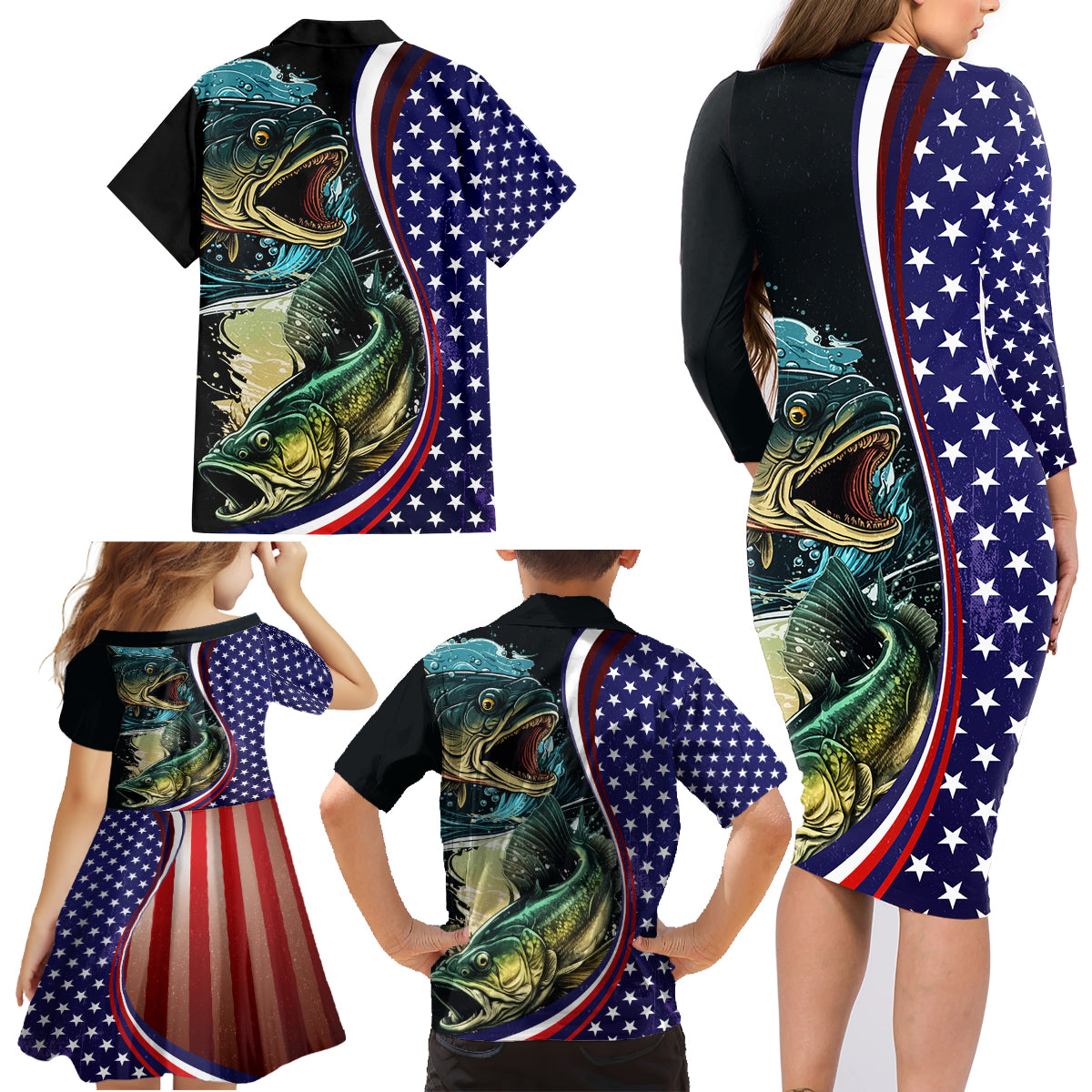 Bass Fishing Family Matching Long Sleeve Bodycon Dress and Hawaiian Shirt Double Largemouth Bass Old Style - Wonder Print Shop