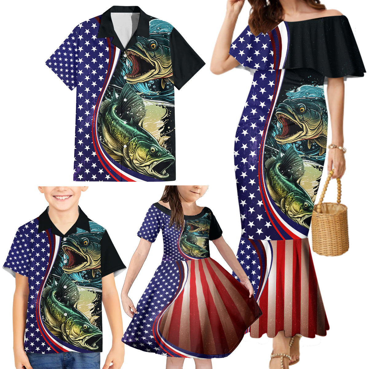 Bass Fishing Family Matching Mermaid Dress and Hawaiian Shirt Double Largemouth Bass Old Style - Wonder Print Shop
