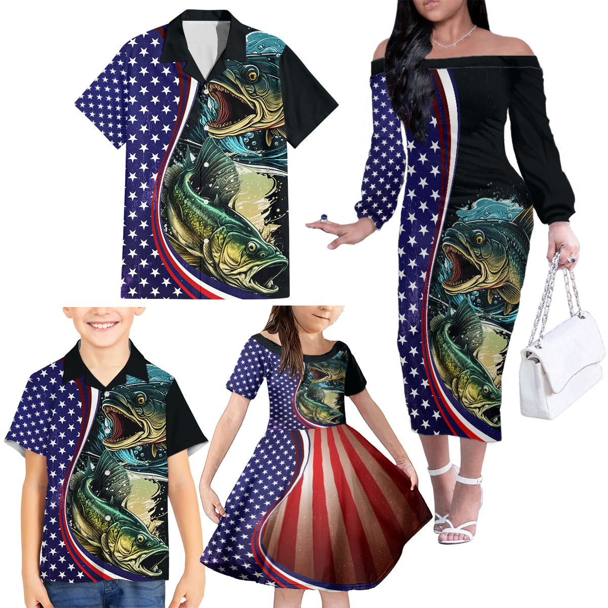 Bass Fishing Family Matching Off The Shoulder Long Sleeve Dress and Hawaiian Shirt Double Largemouth Bass Old Style - Wonder Print Shop