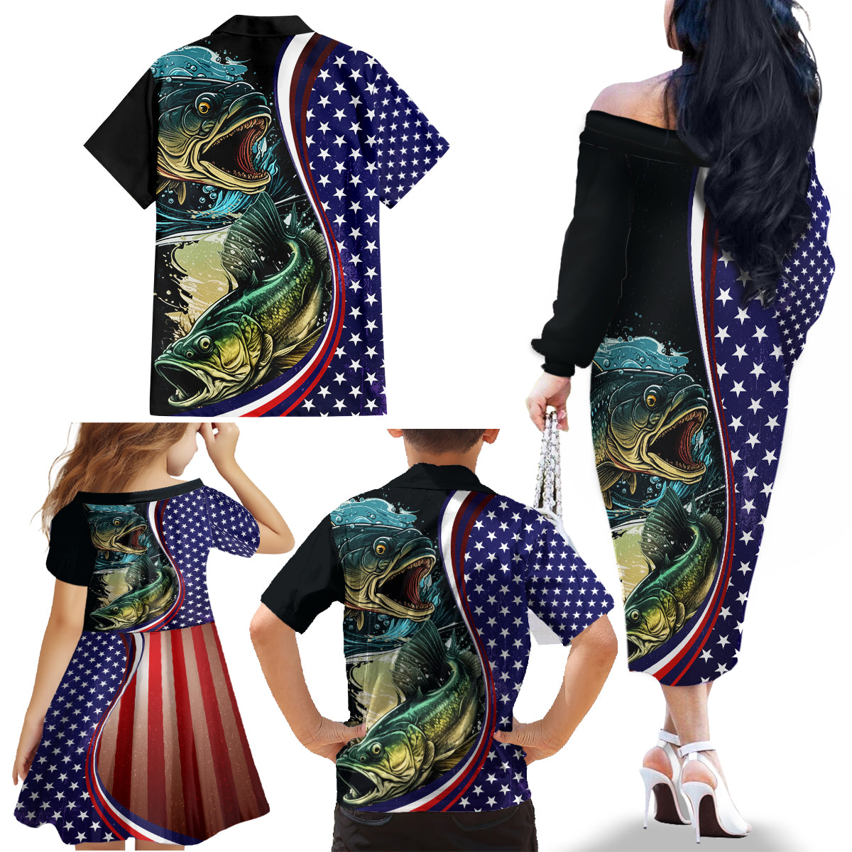 Bass Fishing Family Matching Off The Shoulder Long Sleeve Dress and Hawaiian Shirt Double Largemouth Bass Old Style - Wonder Print Shop