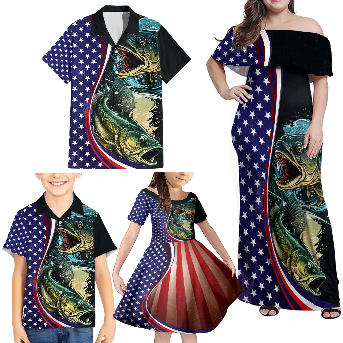 Bass Fishing Family Matching Off Shoulder Maxi Dress and Hawaiian Shirt Double Largemouth Bass Old Style - Wonder Print Shop