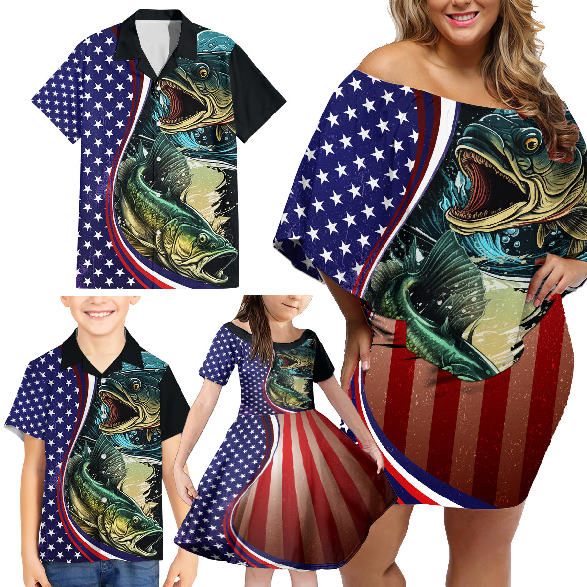 Bass Fishing Family Matching Off Shoulder Short Dress and Hawaiian Shirt Double Largemouth Bass Old Style - Wonder Print Shop