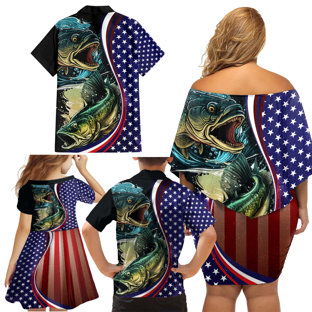 Bass Fishing Family Matching Off Shoulder Short Dress and Hawaiian Shirt Double Largemouth Bass Old Style - Wonder Print Shop