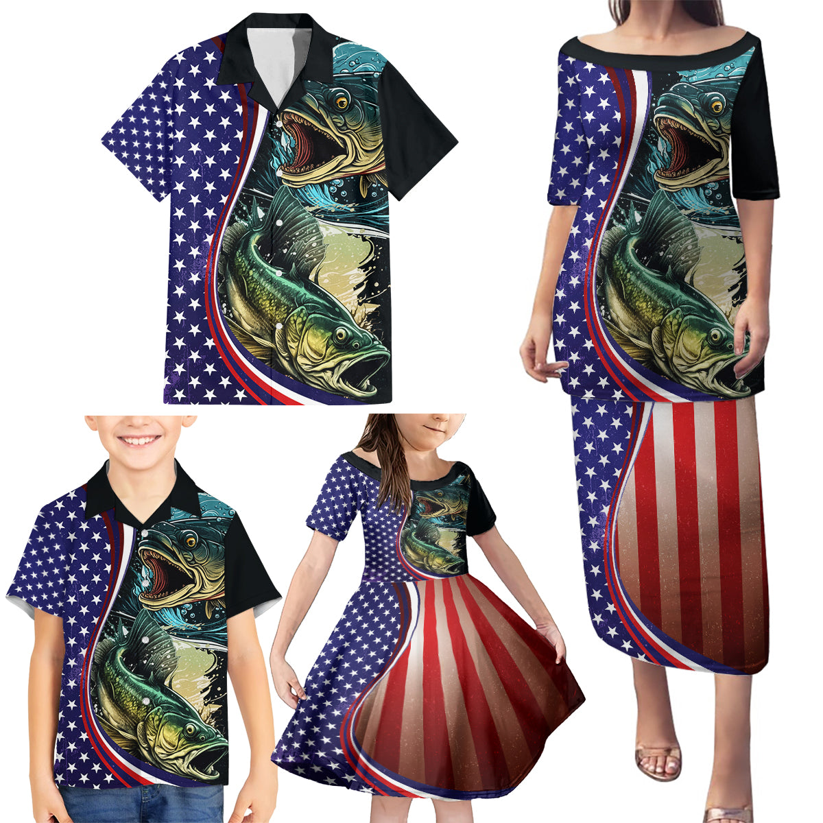 Bass Fishing Family Matching Puletasi and Hawaiian Shirt Double Largemouth Bass Old Style - Wonder Print Shop