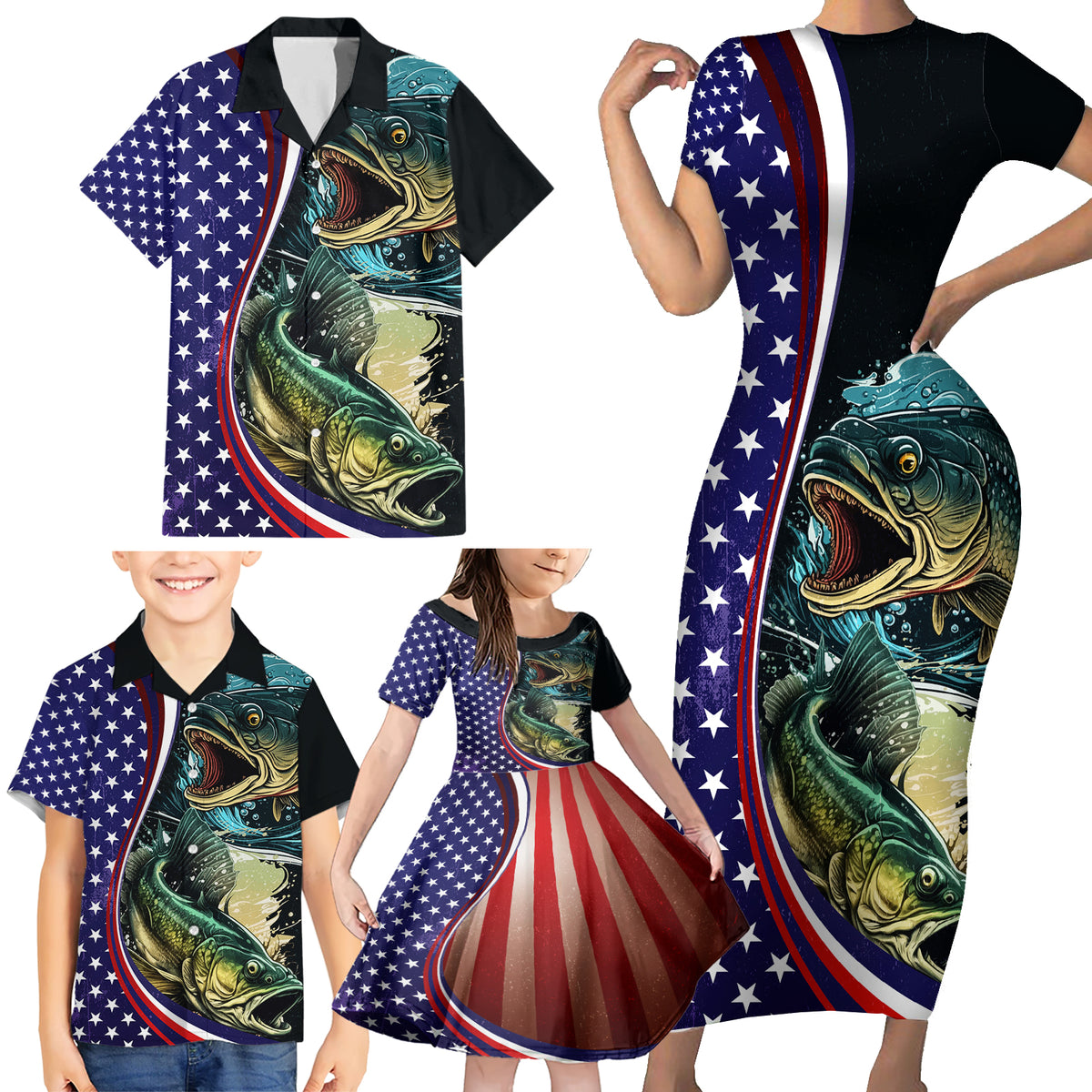 Bass Fishing Family Matching Short Sleeve Bodycon Dress and Hawaiian Shirt Double Largemouth Bass Old Style - Wonder Print Shop