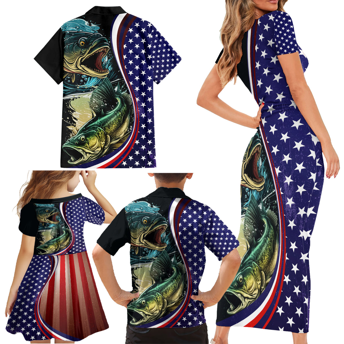 Bass Fishing Family Matching Short Sleeve Bodycon Dress and Hawaiian Shirt Double Largemouth Bass Old Style - Wonder Print Shop
