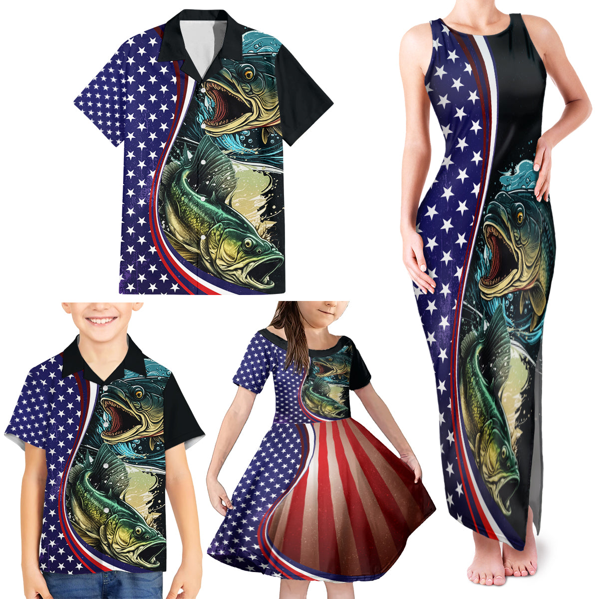 Bass Fishing Family Matching Tank Maxi Dress and Hawaiian Shirt Double Largemouth Bass Old Style - Wonder Print Shop
