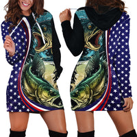 Bass Fishing Hoodie Dress Double Largemouth Bass Old Style - Wonder Print Shop