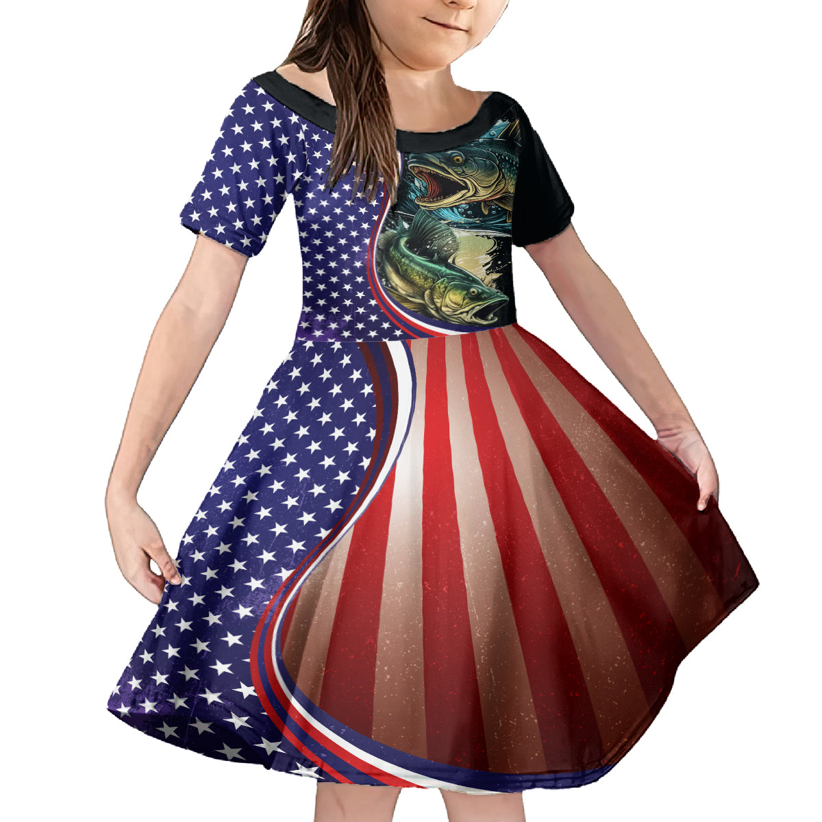 Bass Fishing Kid Short Sleeve Dress Double Largemouth Bass Old Style - Wonder Print Shop