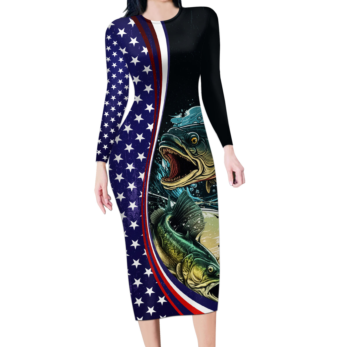 Bass Fishing Long Sleeve Bodycon Dress Double Largemouth Bass Old Style - Wonder Print Shop