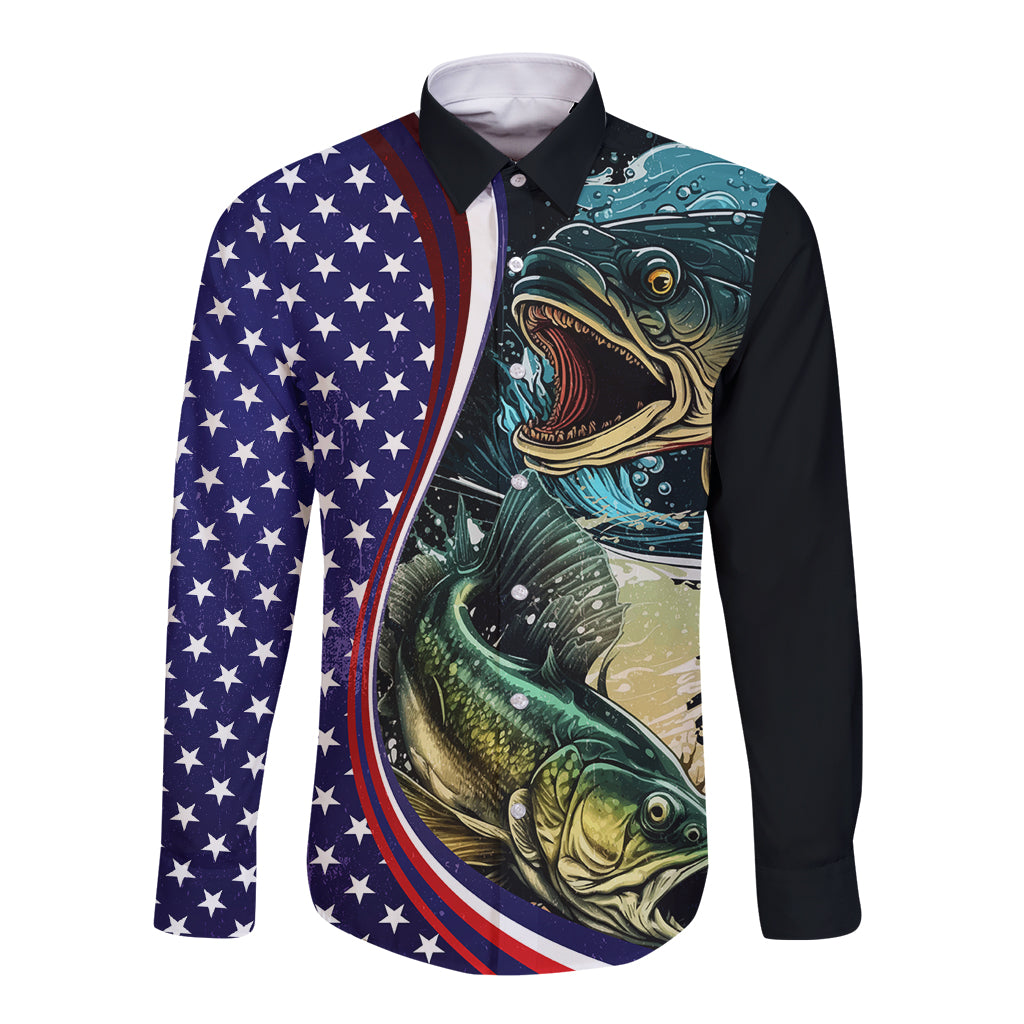 Bass Fishing Long Sleeve Button Shirt Double Largemouth Bass Old Style - Wonder Print Shop