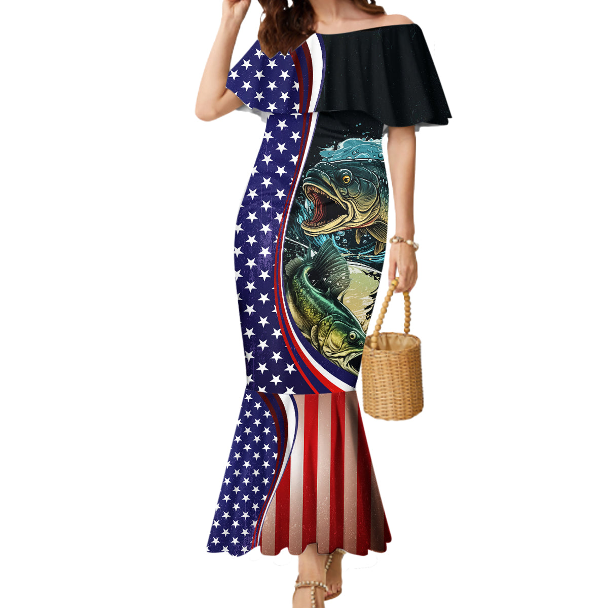 Bass Fishing Mermaid Dress Double Largemouth Bass Old Style - Wonder Print Shop