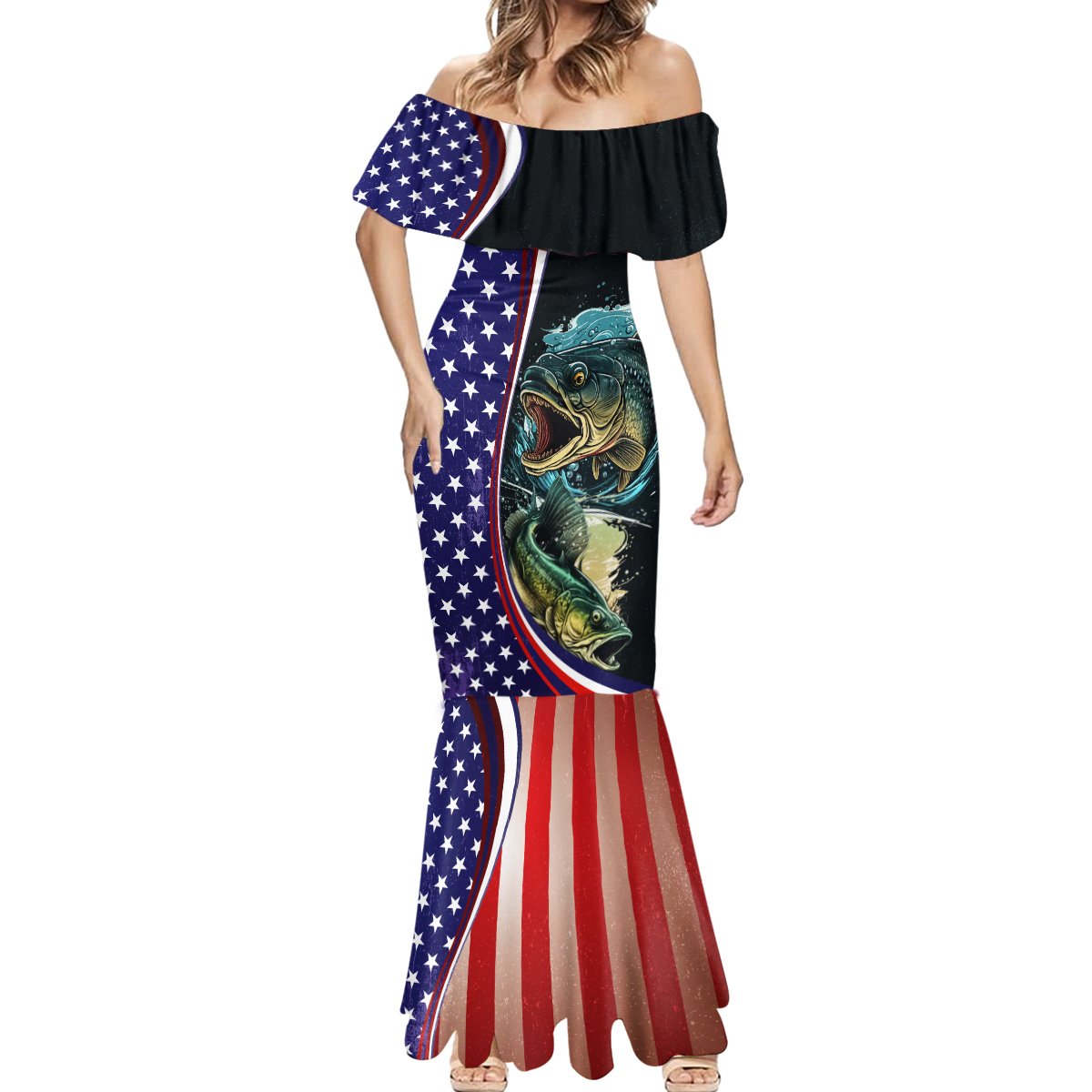 Bass Fishing Mermaid Dress Double Largemouth Bass Old Style - Wonder Print Shop