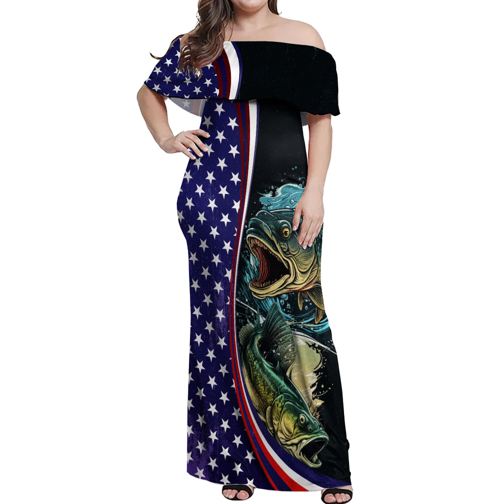 Bass Fishing Off Shoulder Maxi Dress Double Largemouth Bass Old Style - Wonder Print Shop