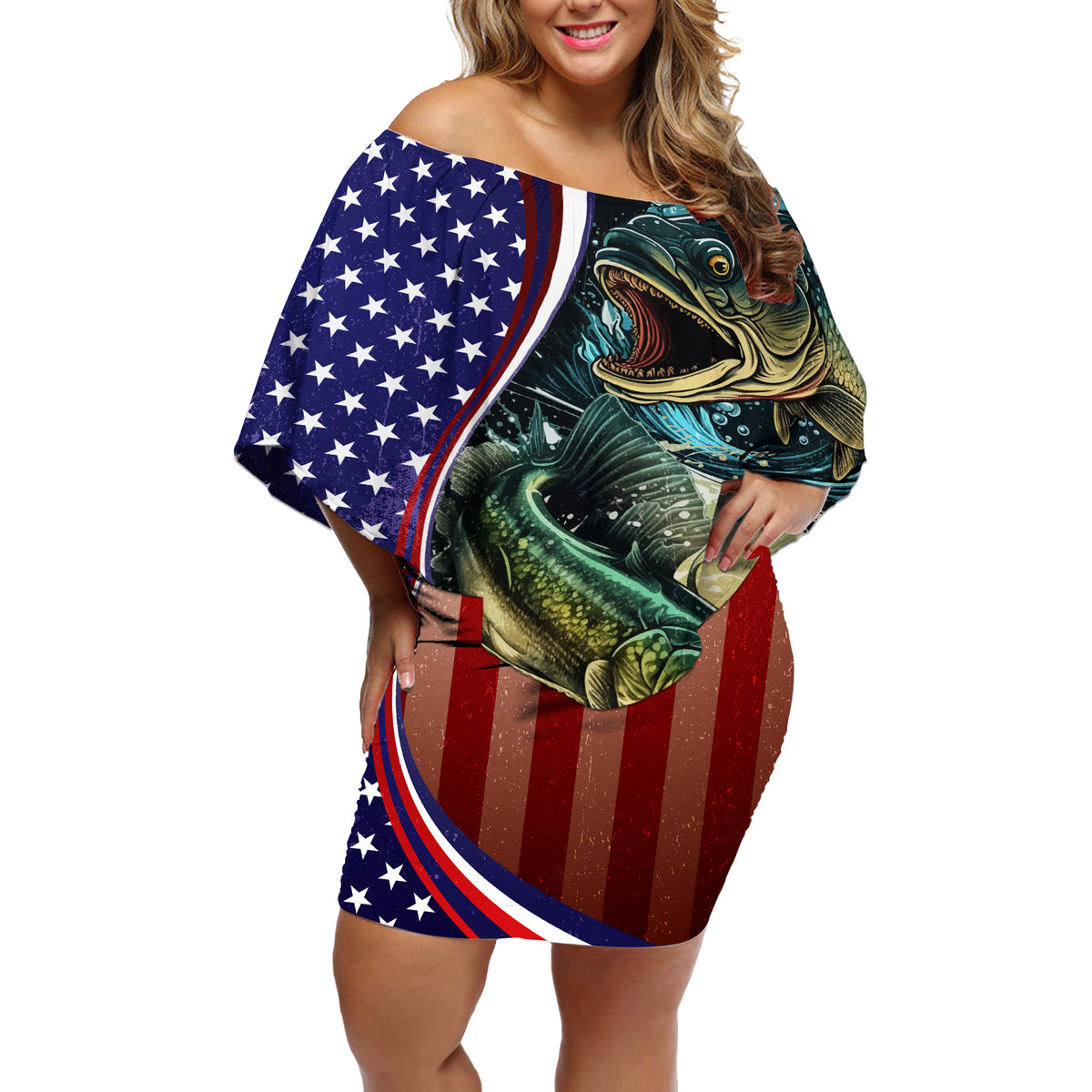 Bass Fishing Off Shoulder Short Dress Double Largemouth Bass Old Style - Wonder Print Shop