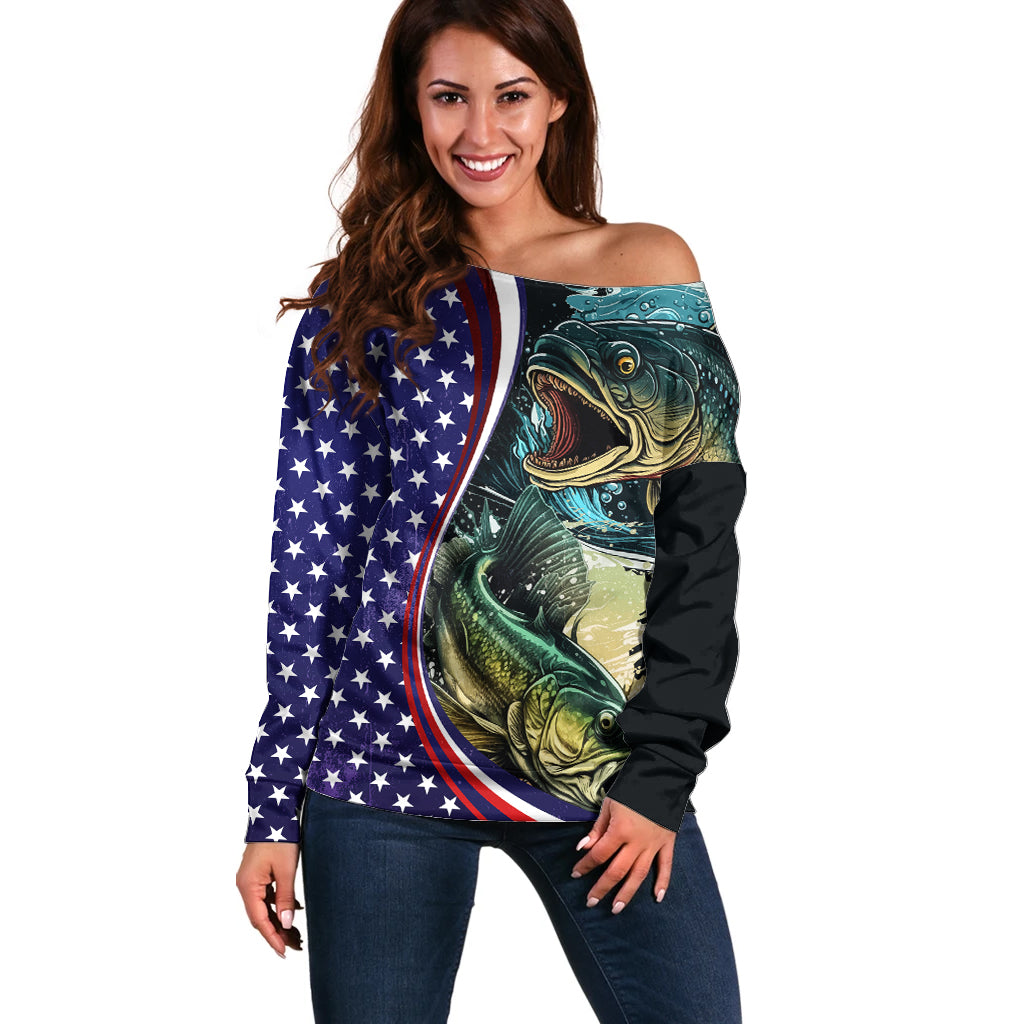 Bass Fishing Off Shoulder Sweater Double Largemouth Bass Old Style - Wonder Print Shop