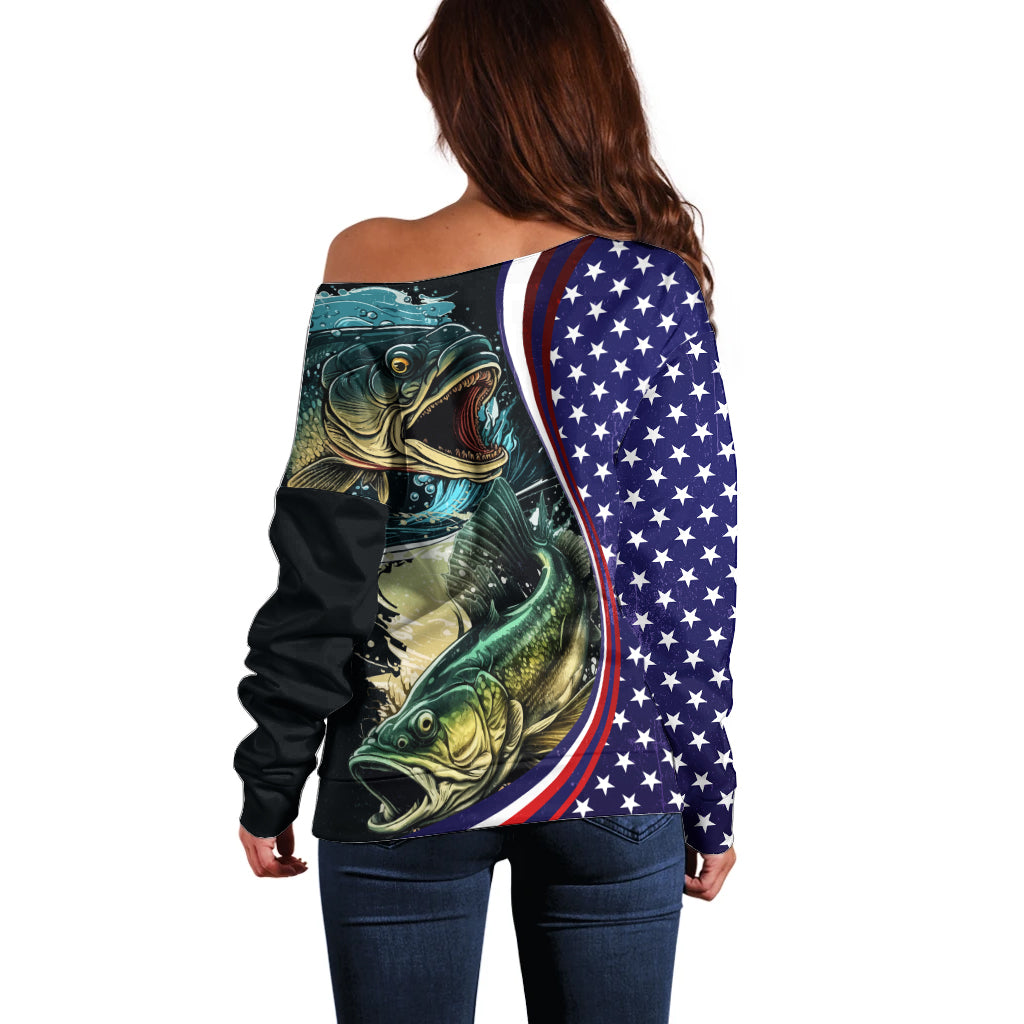 Bass Fishing Off Shoulder Sweater Double Largemouth Bass Old Style - Wonder Print Shop
