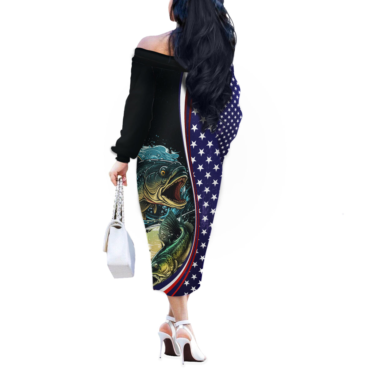 Bass Fishing Off The Shoulder Long Sleeve Dress Double Largemouth Bass Old Style - Wonder Print Shop