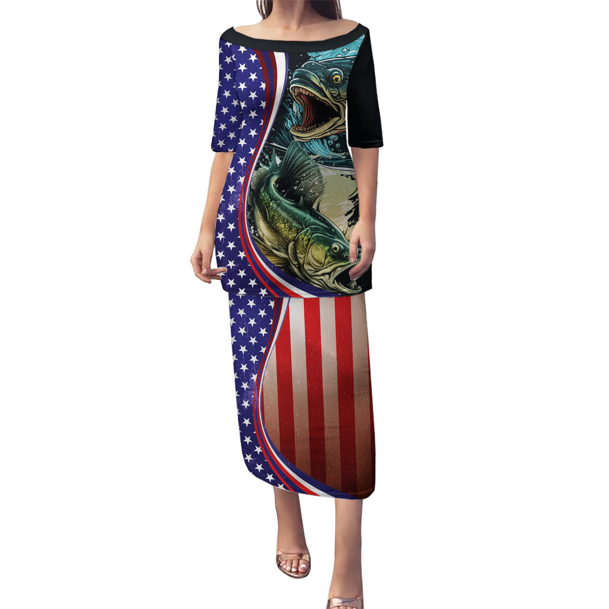 Bass Fishing Puletasi Double Largemouth Bass Old Style - Wonder Print Shop