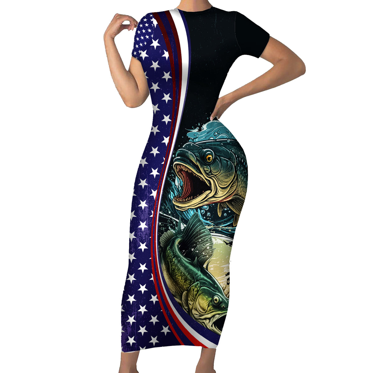 Bass Fishing Short Sleeve Bodycon Dress Double Largemouth Bass Old Style - Wonder Print Shop