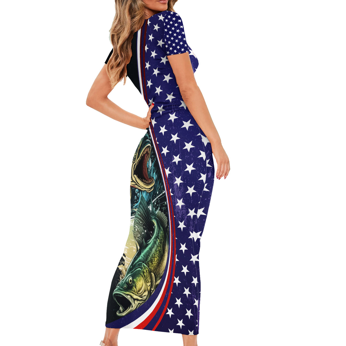 Bass Fishing Short Sleeve Bodycon Dress Double Largemouth Bass Old Style - Wonder Print Shop