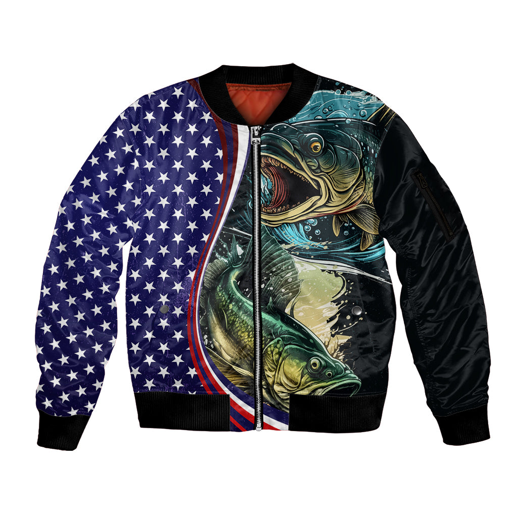 Bass Fishing Sleeve Zip Bomber Jacket Double Largemouth Bass Old Style - Wonder Print Shop