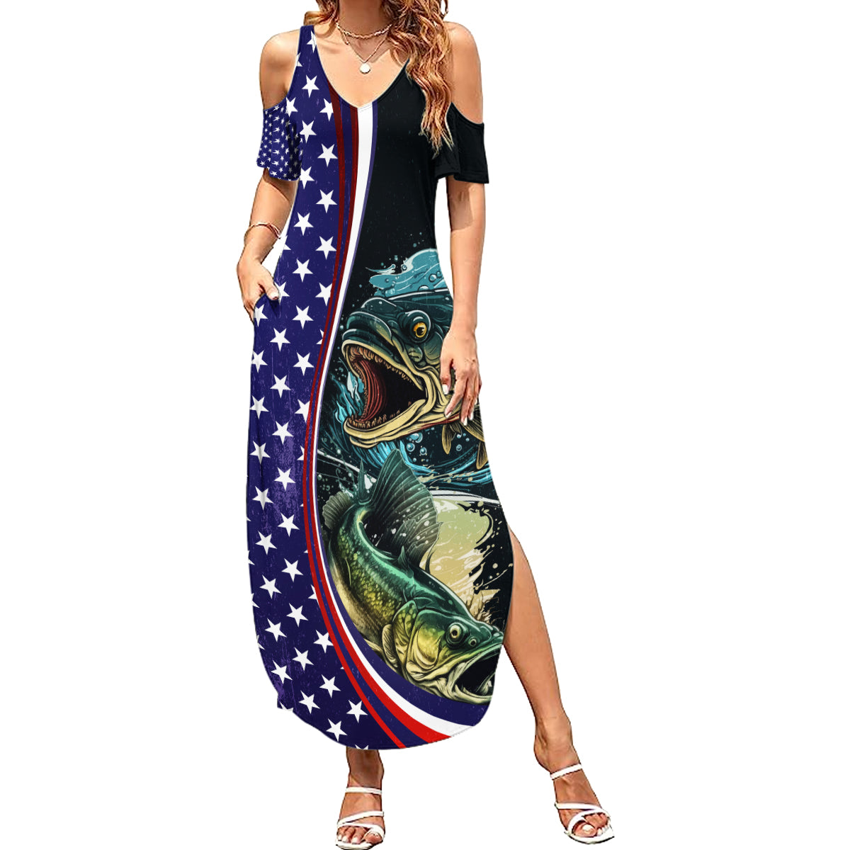 Bass Fishing Summer Maxi Dress Double Largemouth Bass Old Style - Wonder Print Shop