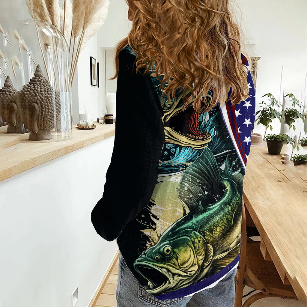 Bass Fishing Women Casual Shirt Double Largemouth Bass Old Style - Wonder Print Shop