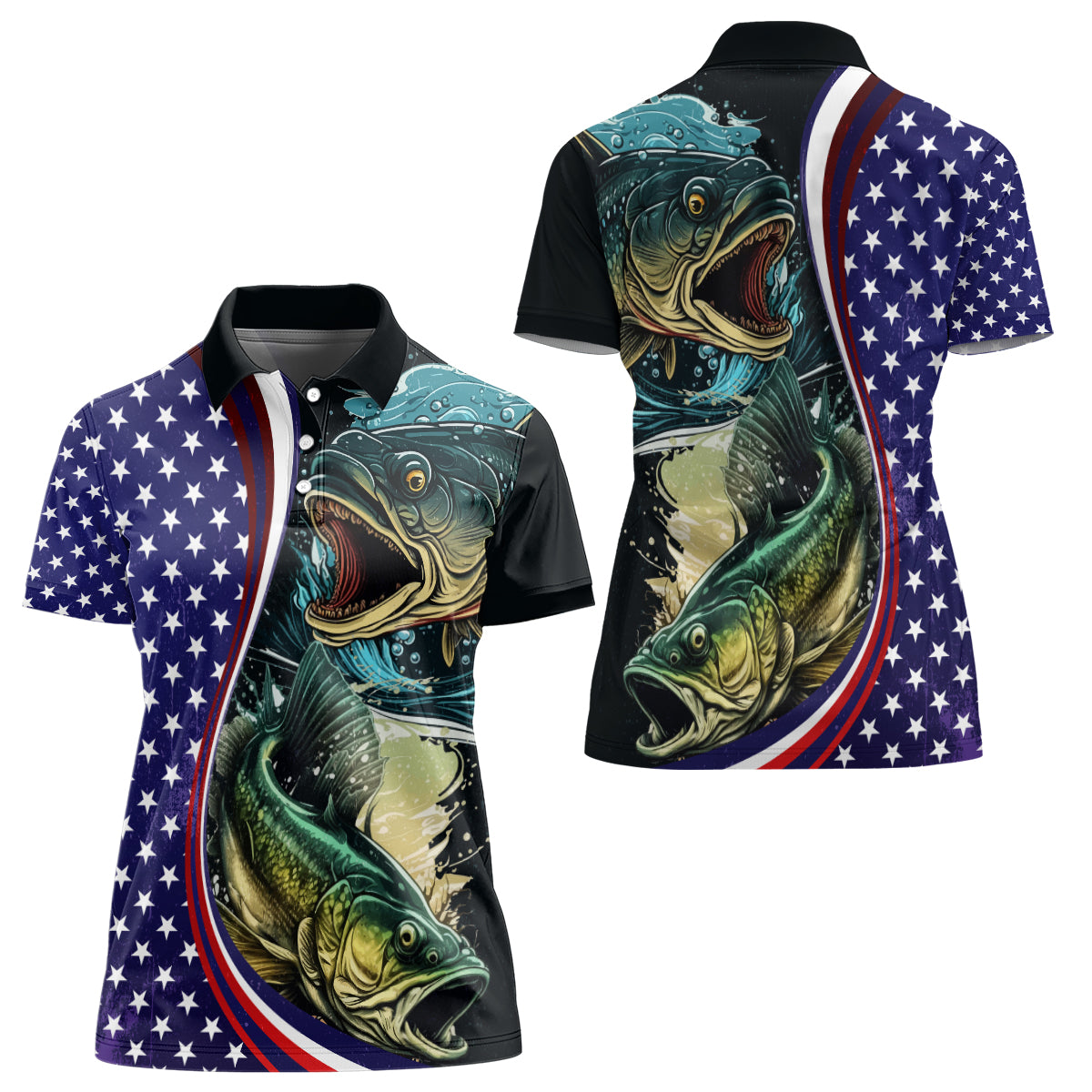 Bass Fishing Women Polo Shirt Double Largemouth Bass Old Style - Wonder Print Shop